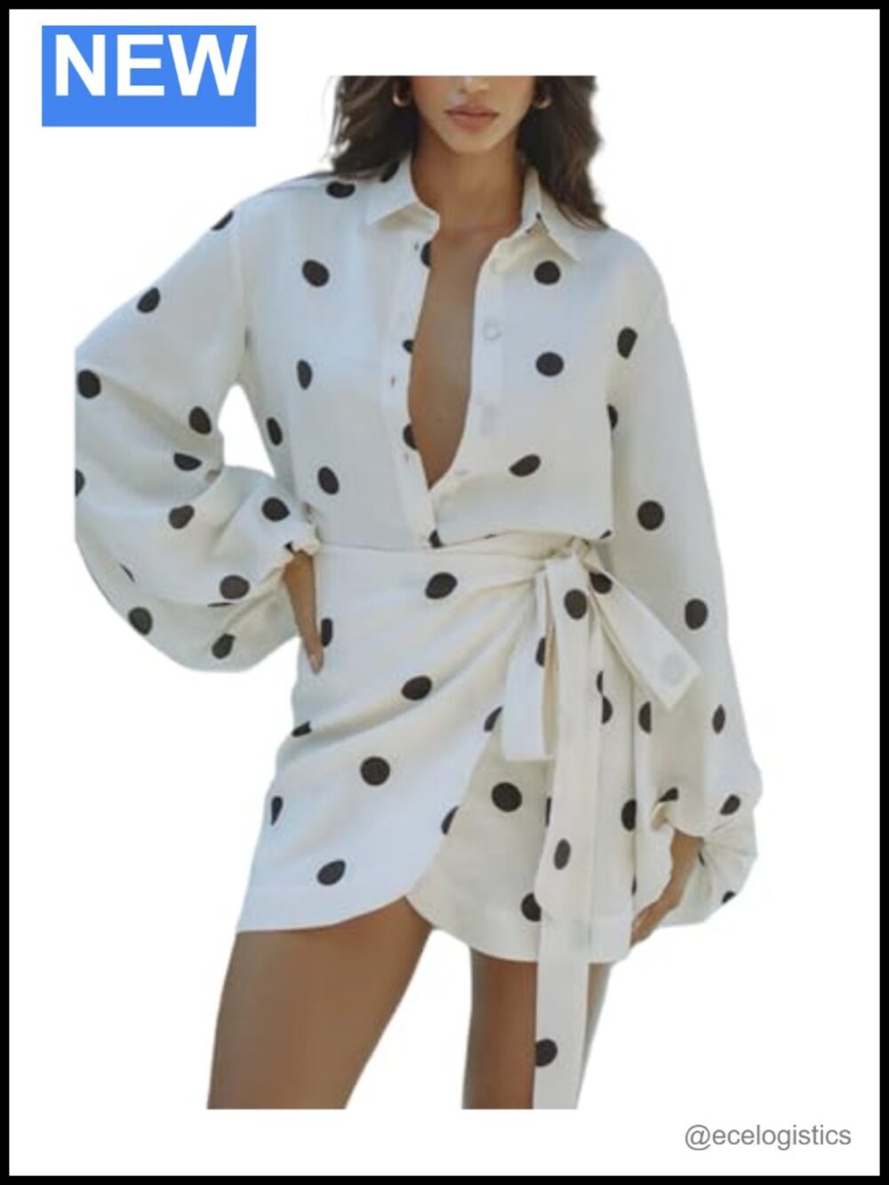 2 Piece Polka Dot Skirt Set Lantern Sleeve Blouse with Belt
